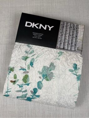 DKNY White Shower Curtain with Teal, Green & Pink Floral Motif 72x72” NWT